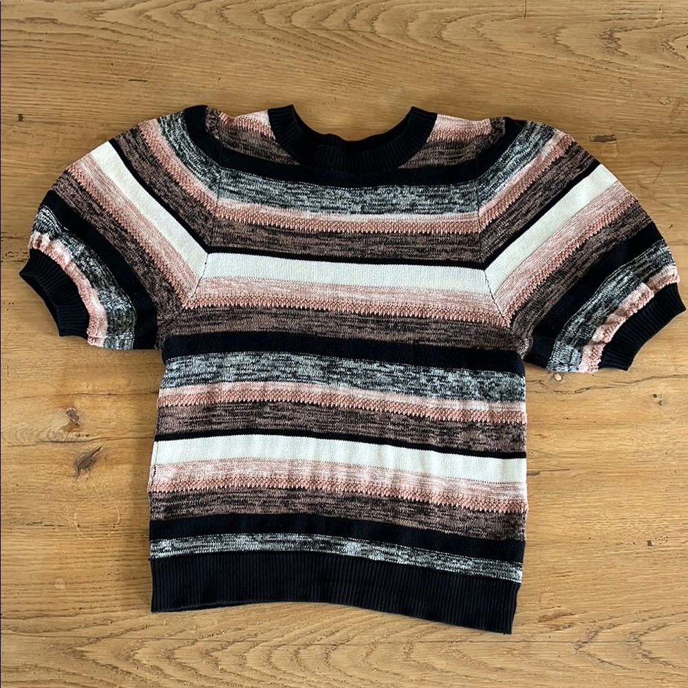 Amour Vert Black, White, Pink Striped Knit Puff Sleeve Top Sz Medium Crew Neck